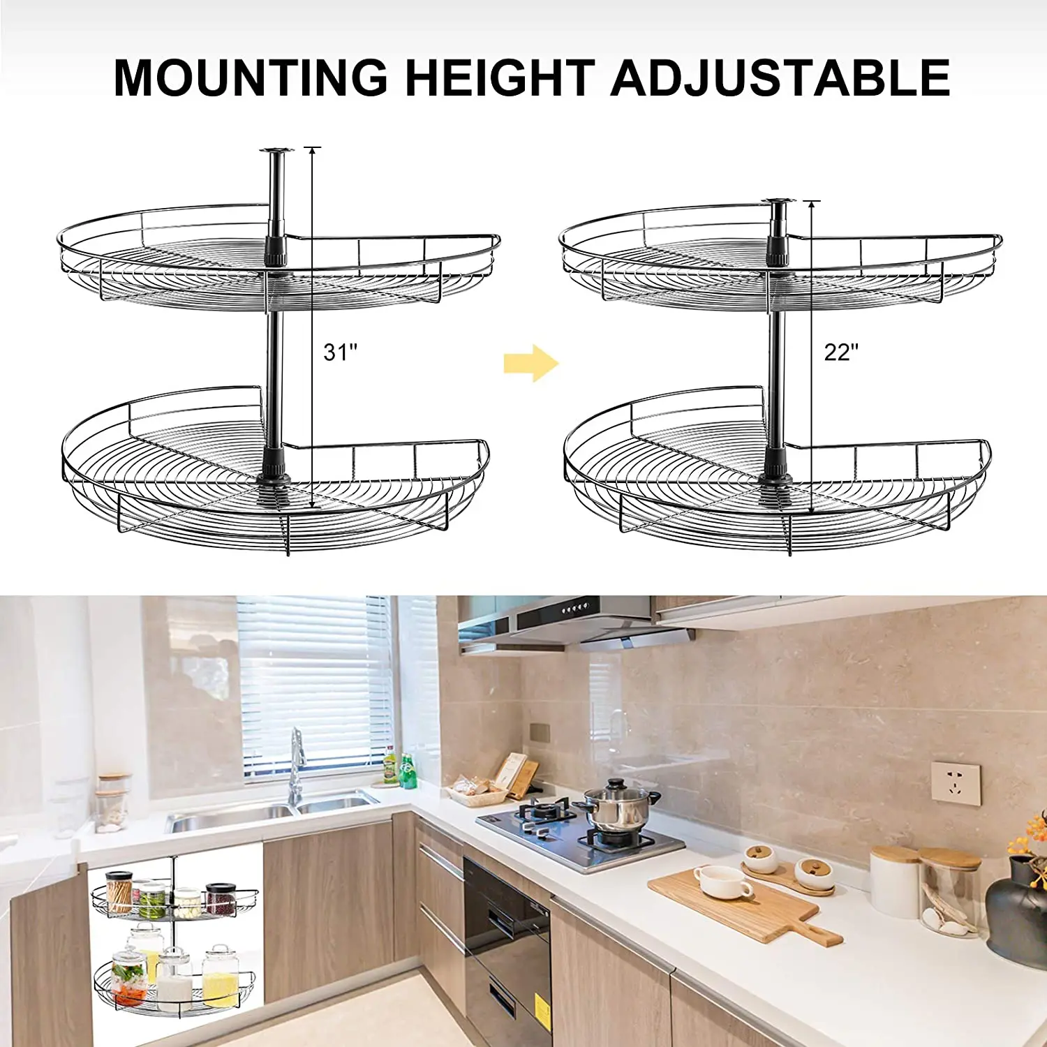 Kidney Shaped Chrome Corner Organizer 2-Shelf Stainless Steel Lazy Susan Kitchen Cabinet Blind Corner Organizer/Rotating Basket