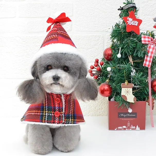 Wholesale scottish tartan Christmas cloak and hat for pet dog