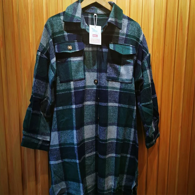 D2308  Amazon Product High Quality Low Moq Fall Casual Long Sleeve Lapel Windbreaker Plaid Women Coat