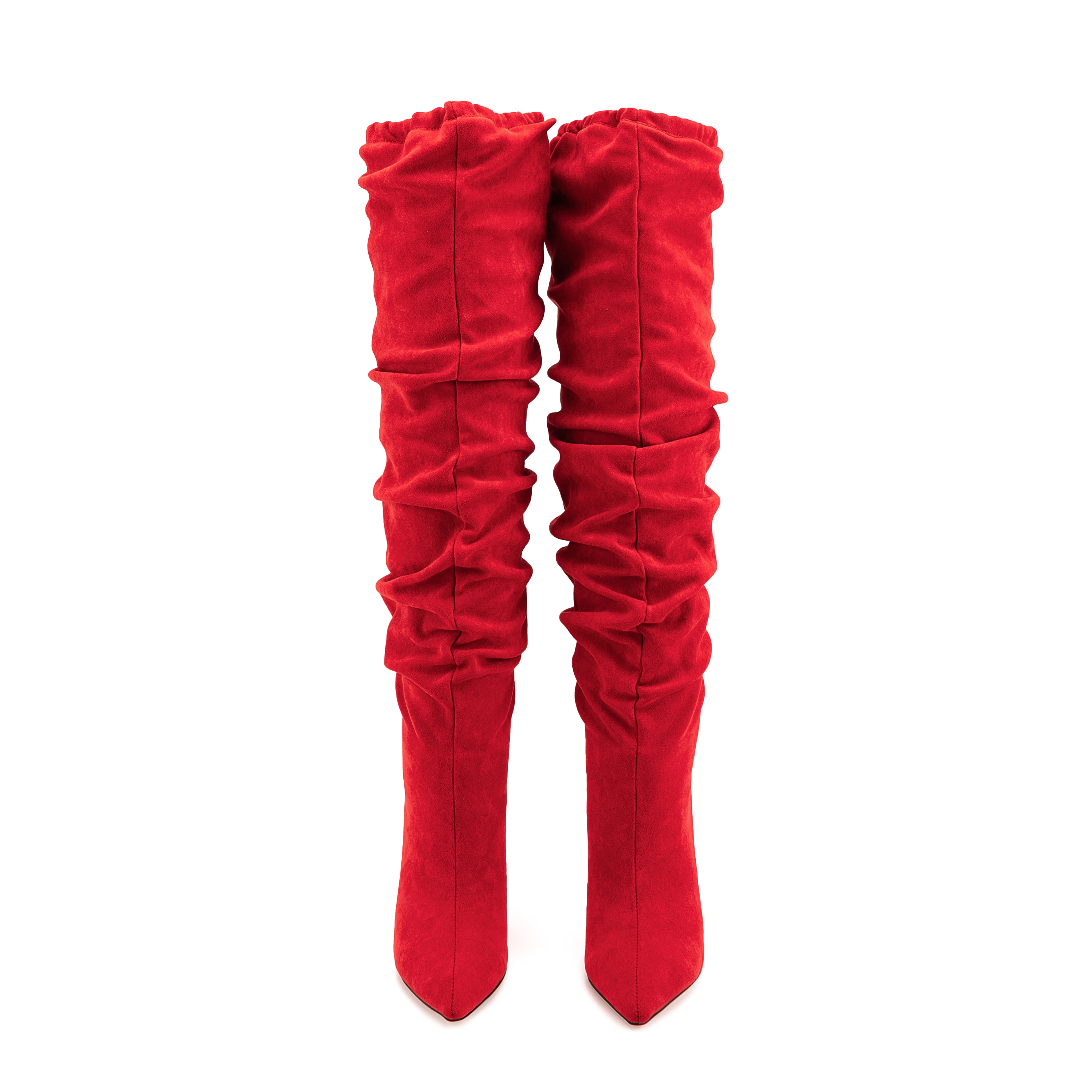 Sexy Point Toe Wide Shaft Stiletto Heels Women Royal Blue Faux Suede Fashion Winter Ruched Knee High Boots