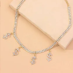 PJ-M074 Women Dainty Adjustable Non-fading  Crystal Rhinestone Dollar Sign Pendant Necklace for Women