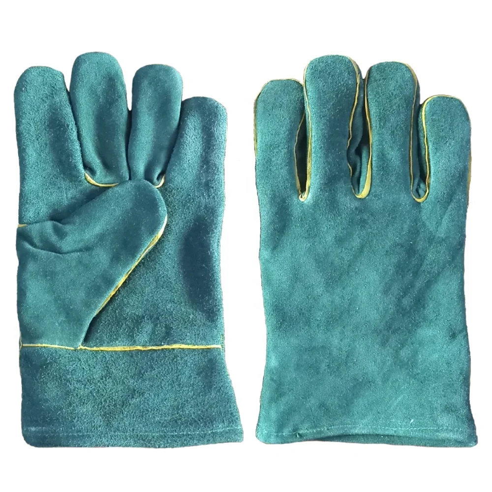 Safety Hand Welding Gloves Heat Resistant Cow Split Leather Inner Full Fleece And Denim Jeans Cuff