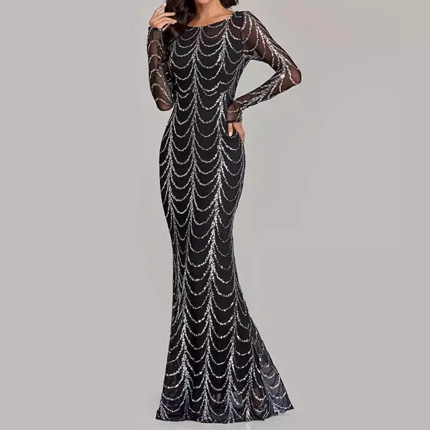 Spring/Summer New Slim Banquet Fishtail Skirt Elegant Party Sequin Long Sleeve Round Neck Evening Dress Large Size dress