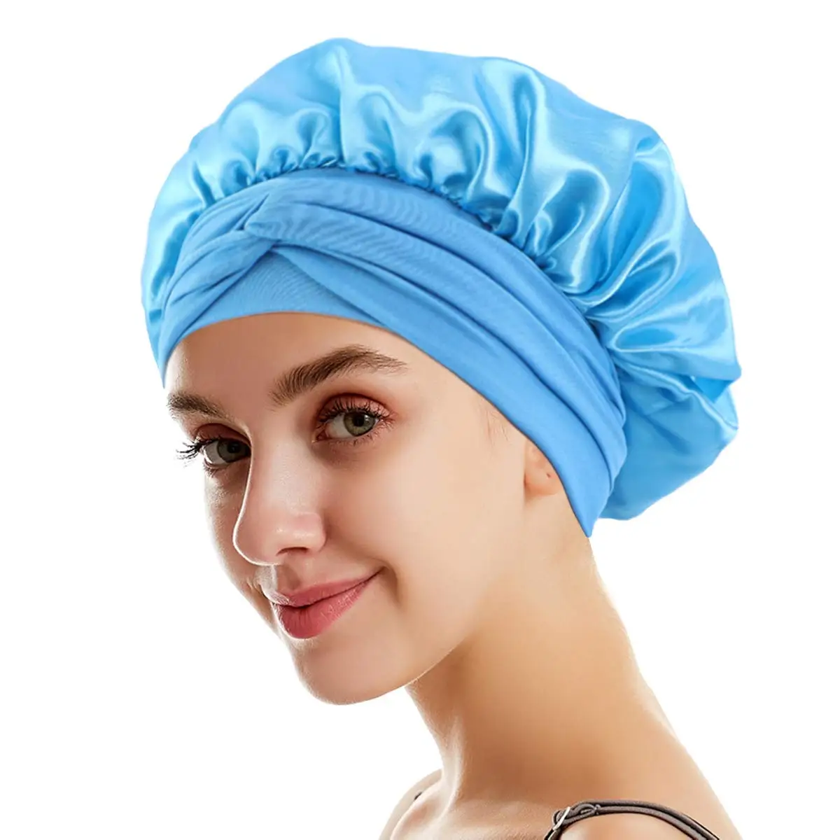 Bonnet Queen Light blue Jumbo large satin Bonnet silk Night Sleeping Cap stretchy tie band bonet for Women long Curly Braid Hair
