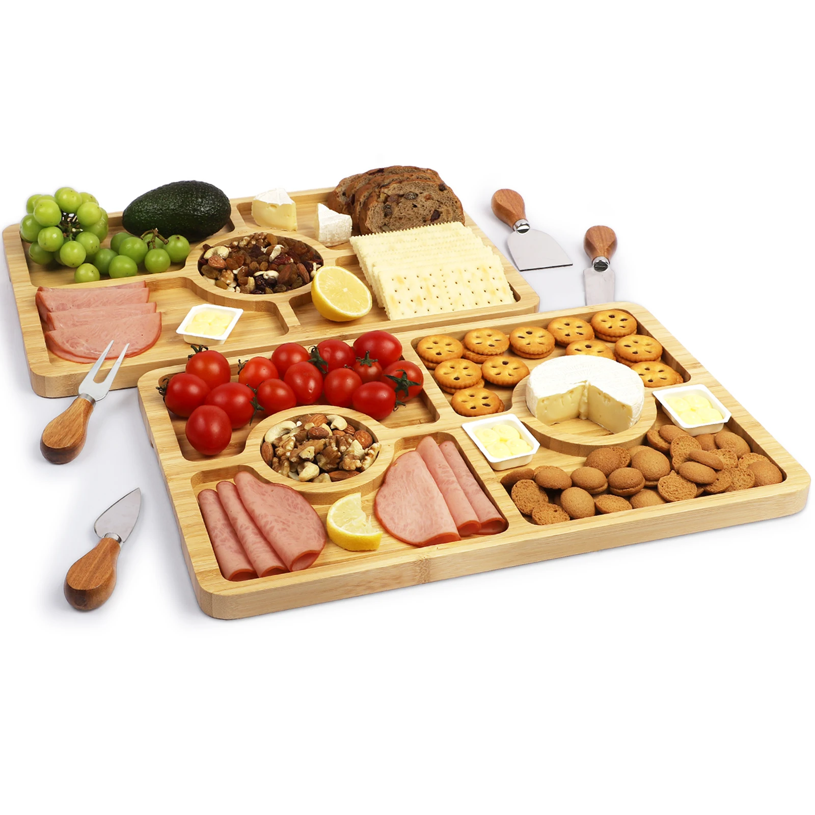 XH 2 Pack Charcuterie boards,Bamboo Cheese Board set with 4 pcs Knives, Cutting Boards Wood Party Serving Trays and Platters