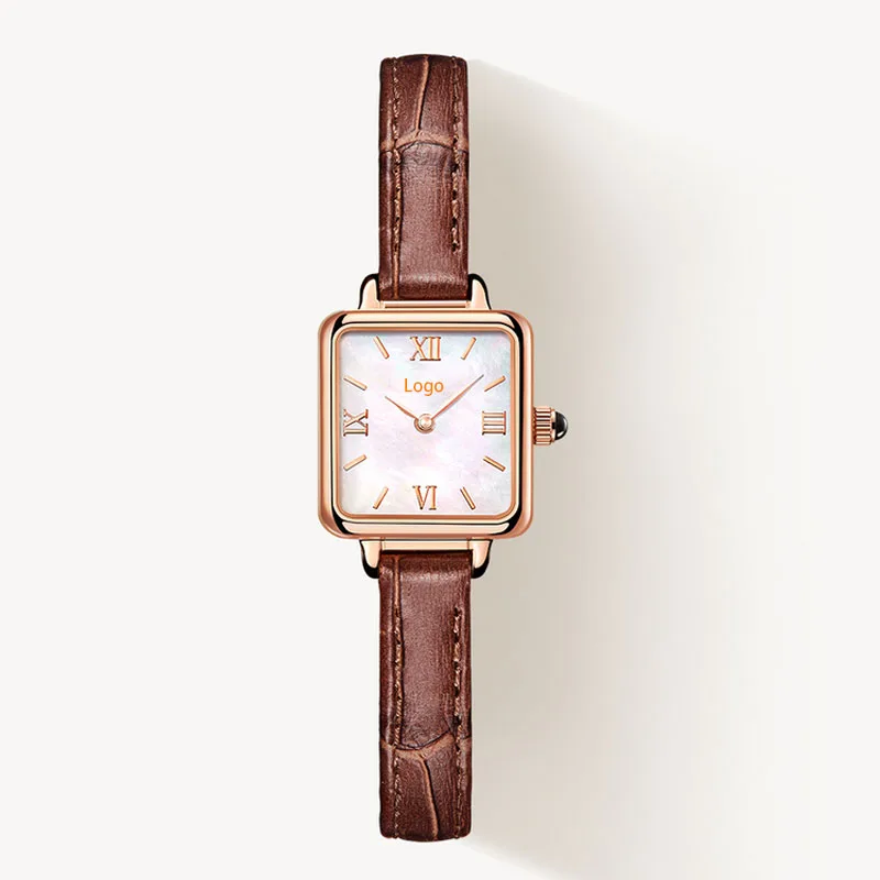 Luxury Custom Small Square 17*20mm Mother of Pearl Dial 316L Stainless Steel Case Japanese Quartz Movement Sapphire Crystal