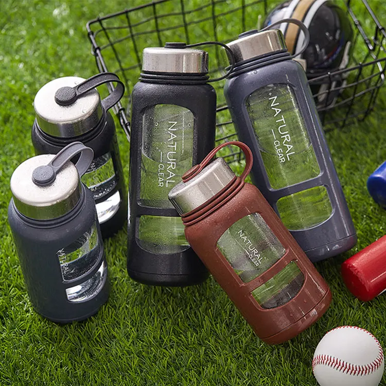 
High quality promotional wholesale promotional leak proof lid reusable drinking custom glass water bottle with silicone sleeve 