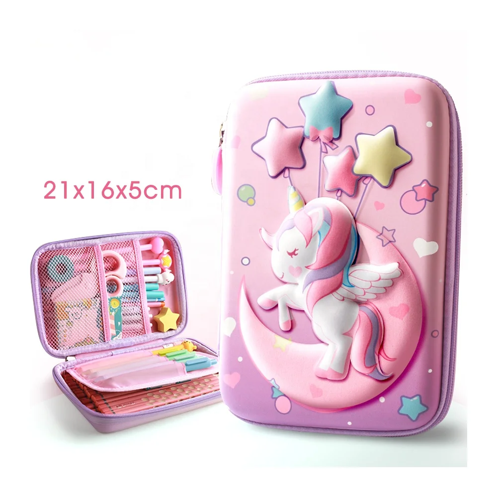 Best Selling In Stock Wholesale 3D Blue Pink Unicorn Pen bag case Custom Eva Hard Bulk Stationery Pencil Case for Kids