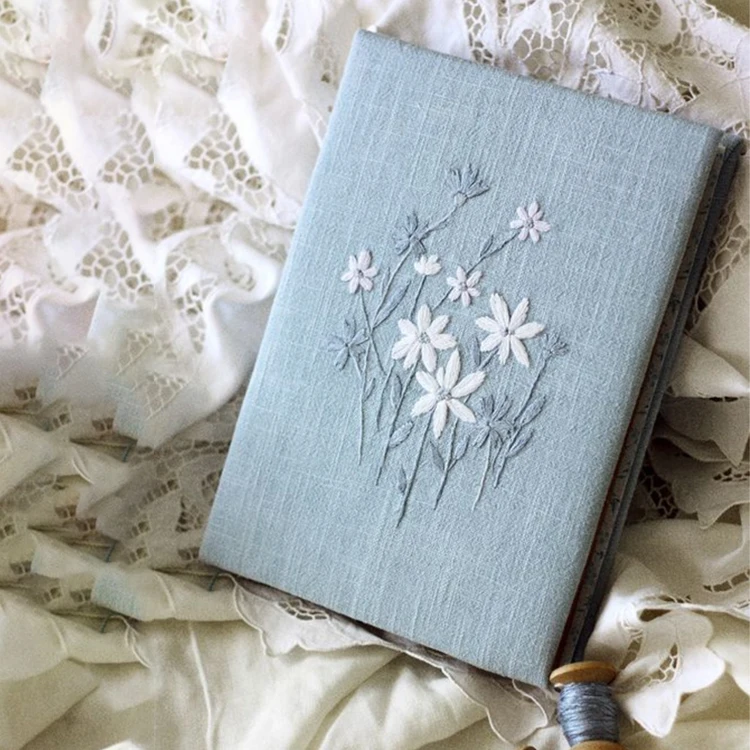 LABON Embroidered Handmade Custom Diary Daisy Fabric Linen Hard Cover Journal Personalized Notebook