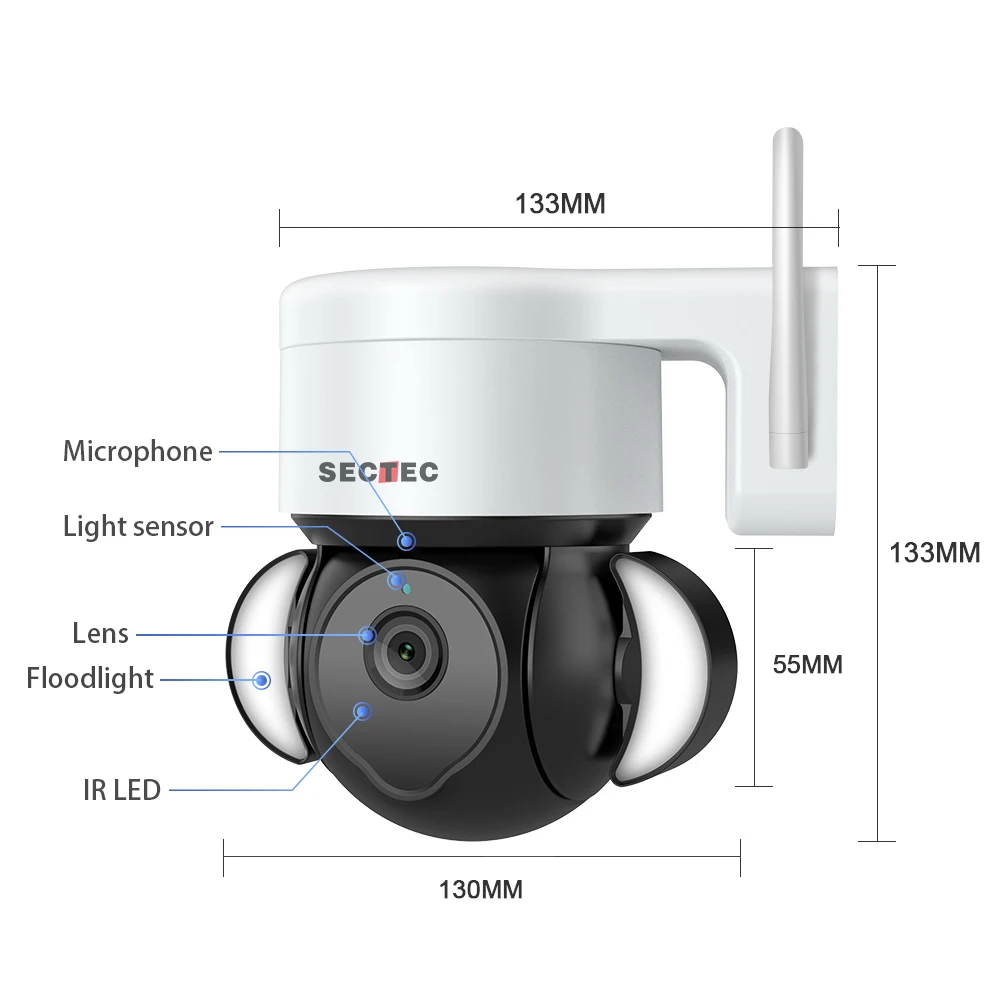 SECTEC Hot Sale CCTV TUYA Full HD Floodlight Camera  WIFI 3MP IP PTZ Security Network Camera