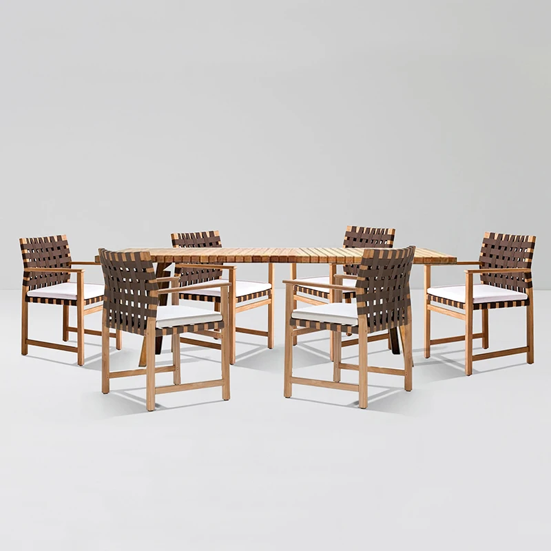 Pastoral Style Patio Outdoor Wood Table and Chair set Garden Furniture Rattan Chairs Teak Dining Table