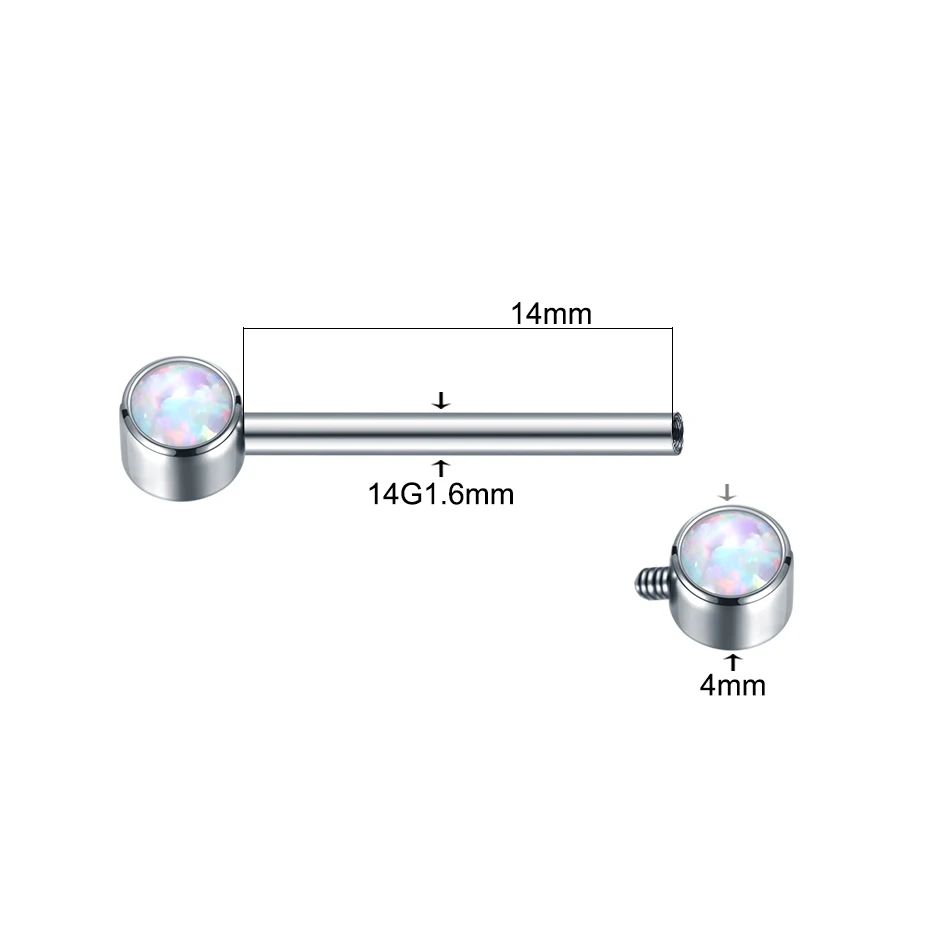 G23 Titanium Internally Thread Opal Nipple Barbell Rings Piercing CZ Tongue Bars Industrial Helix Stud Piercing Jewelry