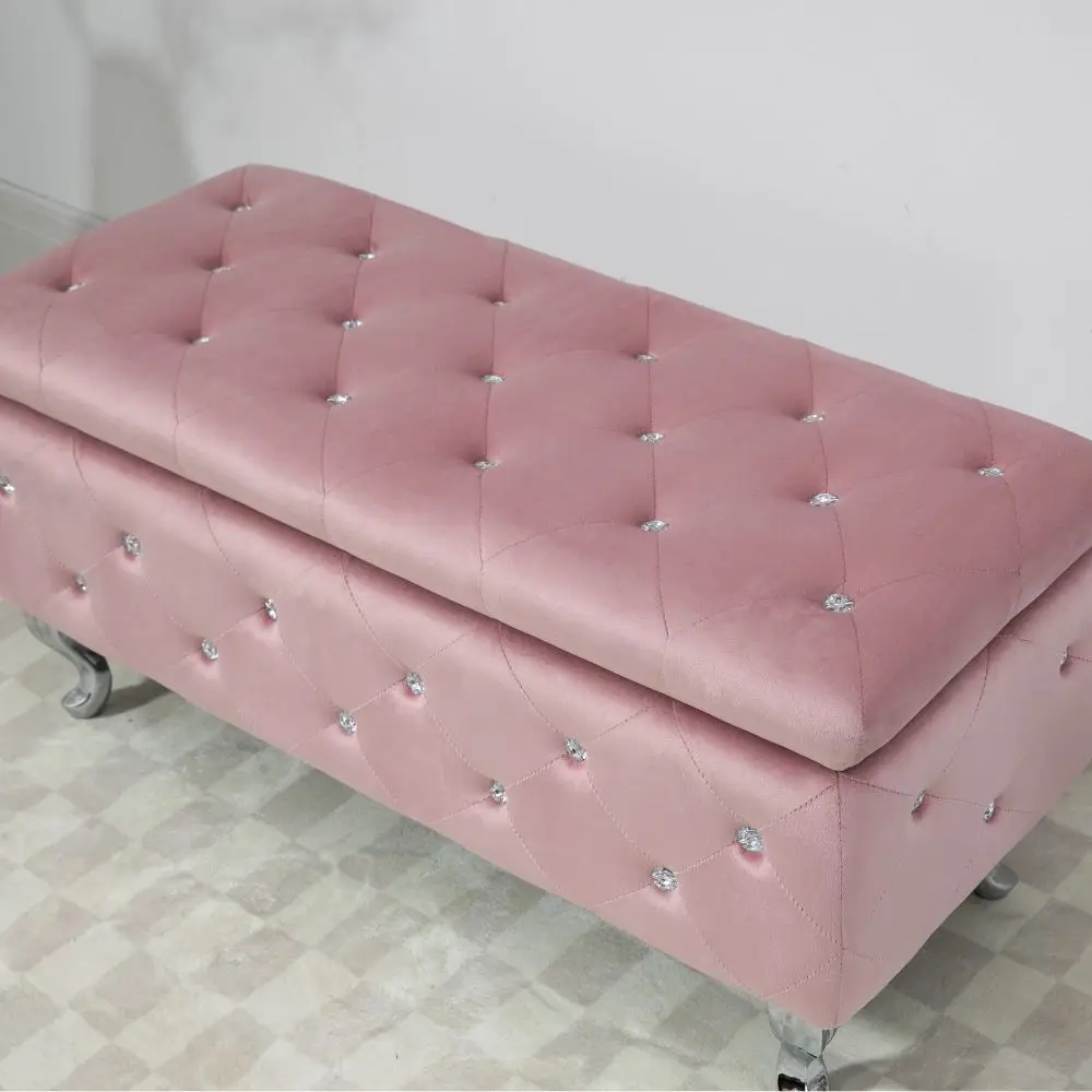 Manufacturer Custom Luxurious Pink Velvet Storage Side Opening Door Ottoman Bench