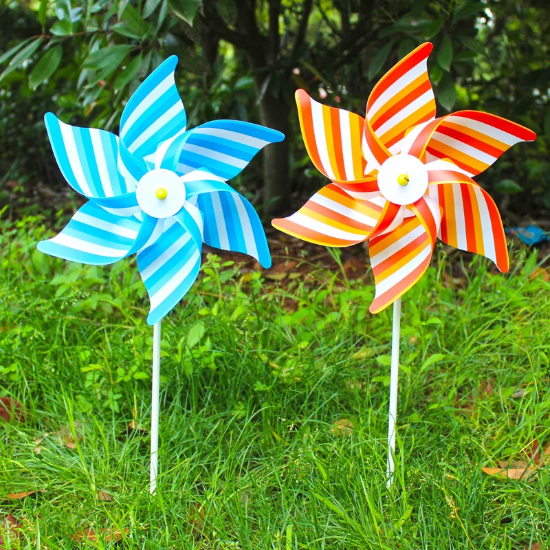 Inexpensive 30cm Hexagonal Striped Plastic Toy Windmill for Outdoor Garden Decoration Gift