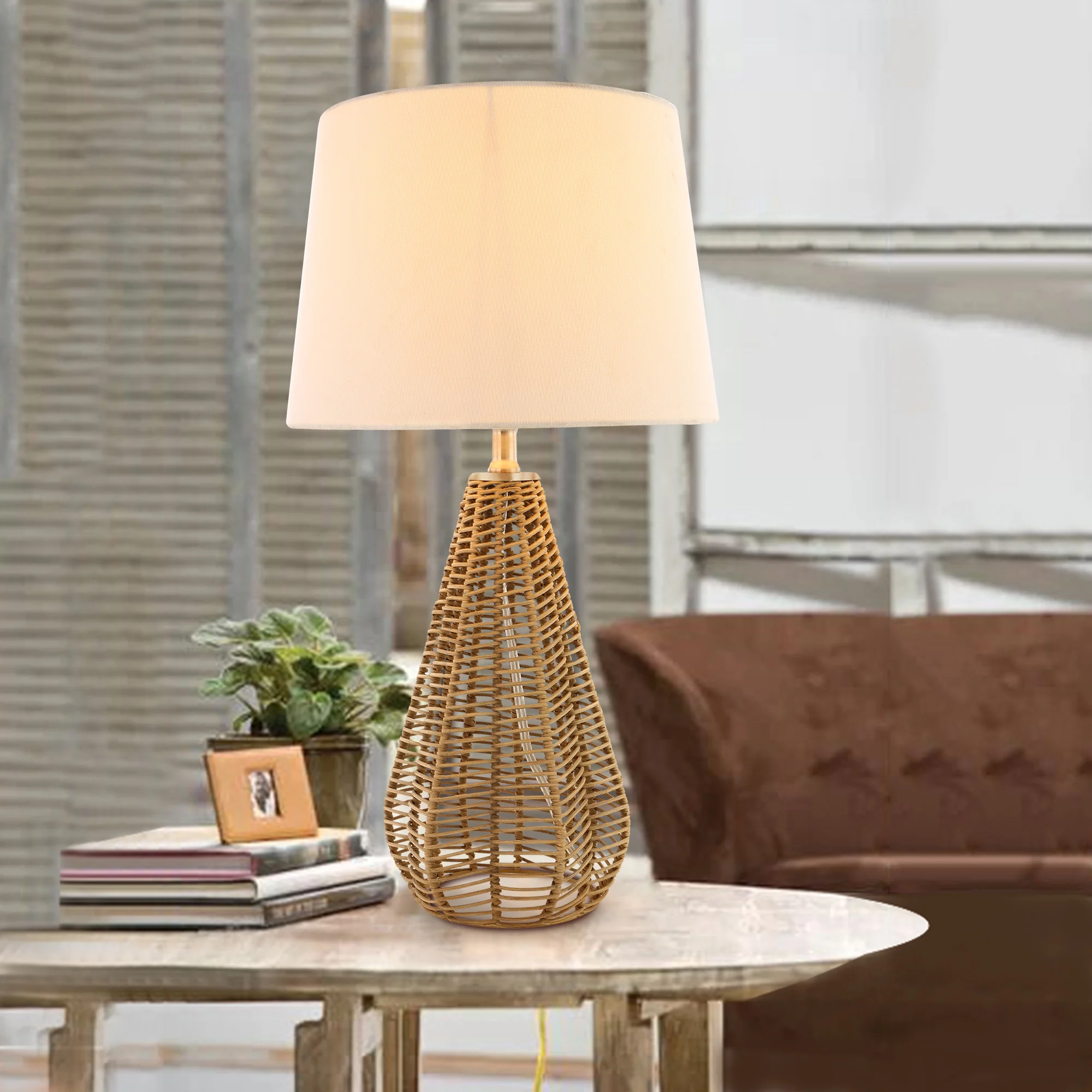 Simple rustic decoration table lamp with rattan lamp base and white drum lamp shade for living room and bedroom