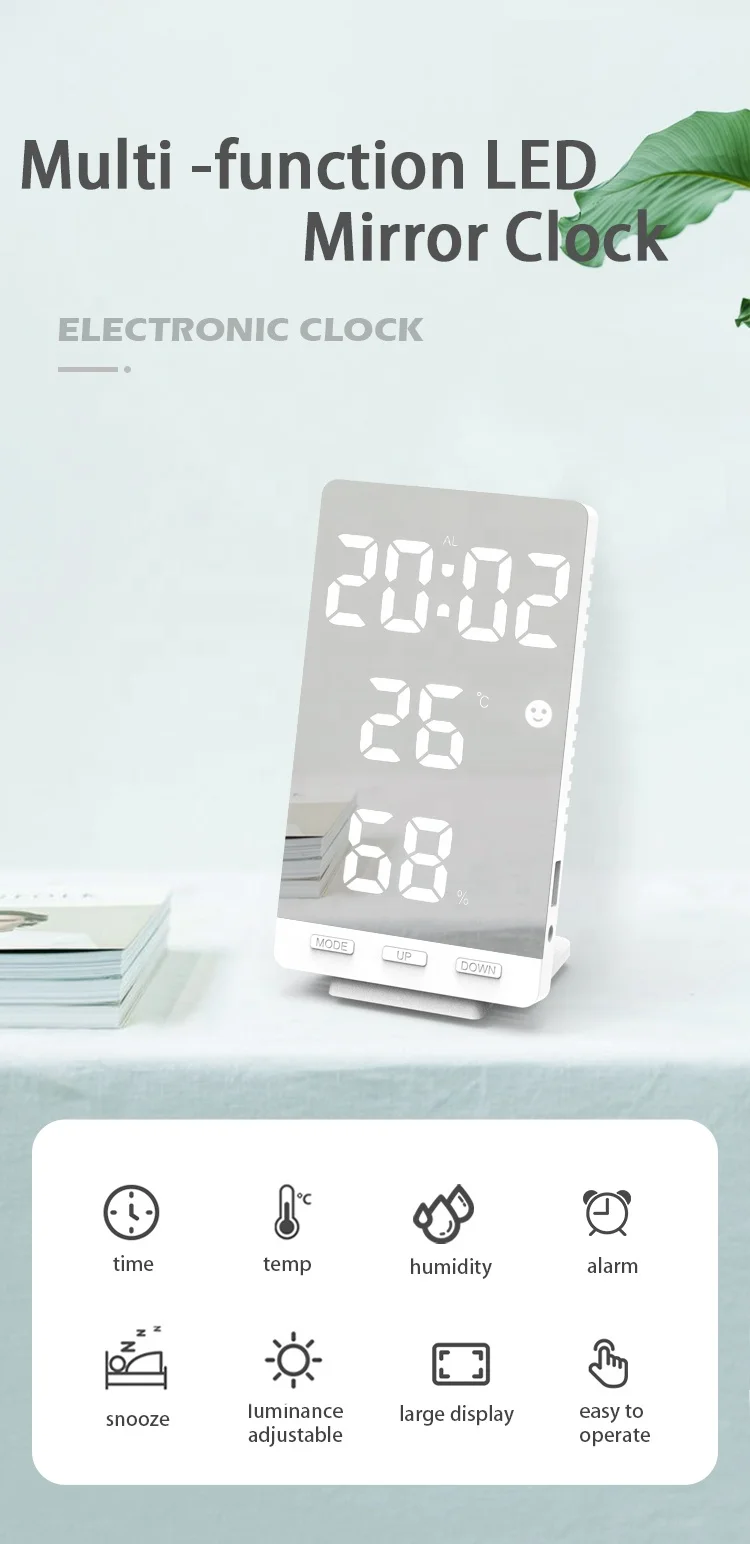 
Indoor Thermometer Hygrometer LED Mirror Alarm Table Wall Clock 