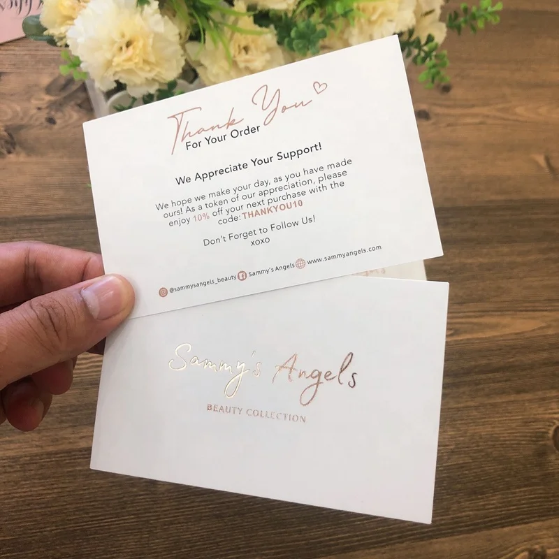 High quality custom luxury rose gold foil small business thank you packaging cards with own logo