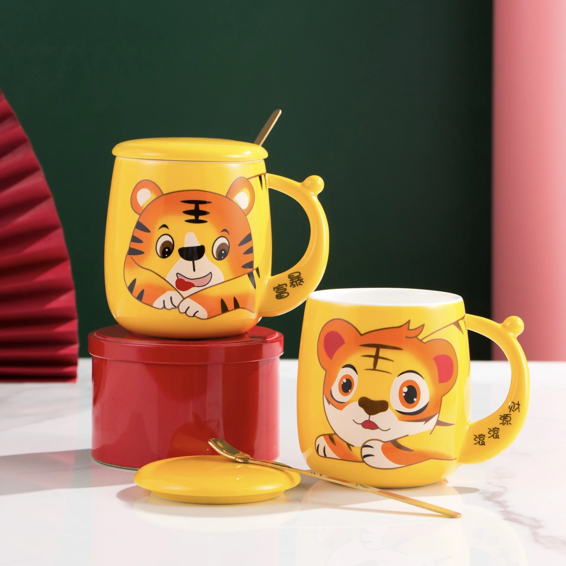 customized 2022 chinese new year tigers decoration 3d creative cute ceramic coffee mug cup gift set