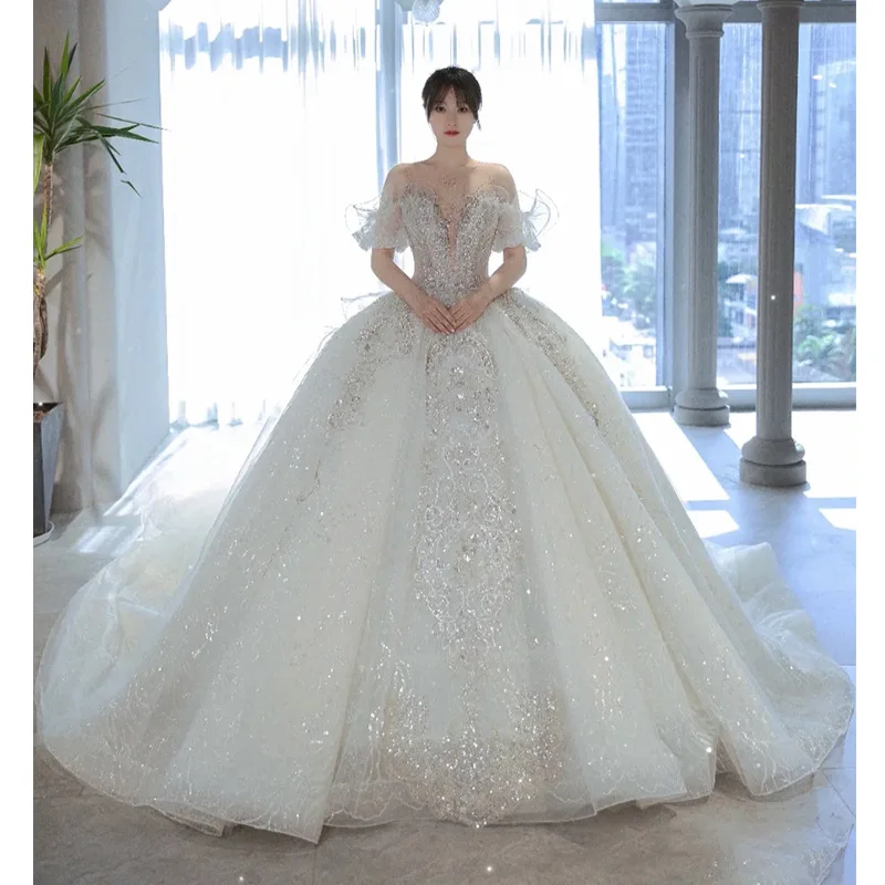 White French light wedding dress 2021 new bride princess super fairy luxury palace style high-end large tail wedding dress