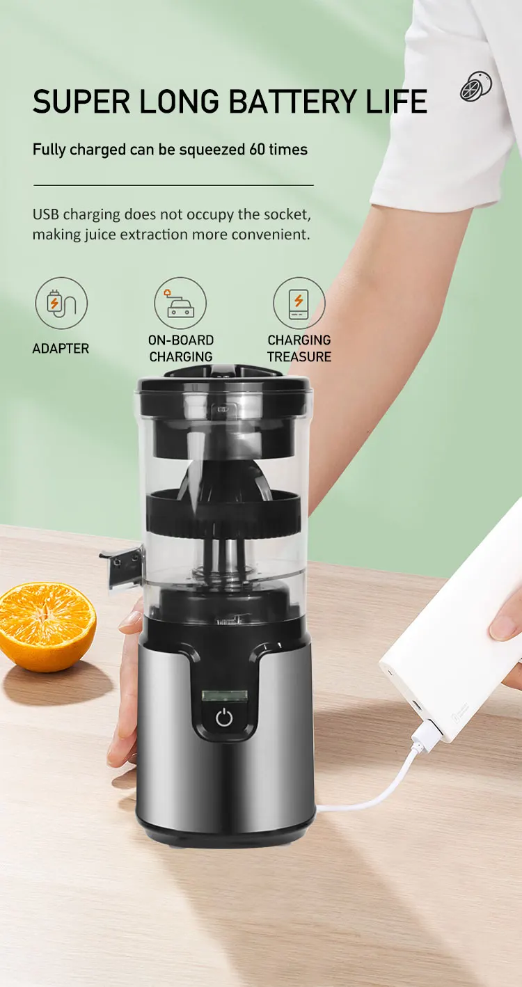 USB Rechargeable Electric Citrus Juicer Stainless Steel Base Slow Juicer Fruits Juices Smoothies Kitchen Outdoor Car Hotel Use