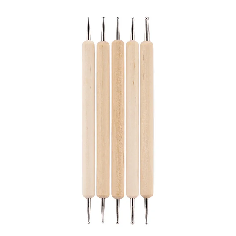 5pcs wood handle metal head nail art bushes 2 ways dotting pen nail art tool to pick decoration rhinestones nail dot pen set