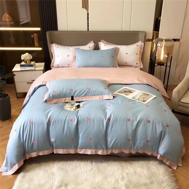 Pink Love Heart Embroidered Quilt Cover 4 Piece Set 100% Cotton Korean Girls Lovely Bedding Duvet Cover Cotton
