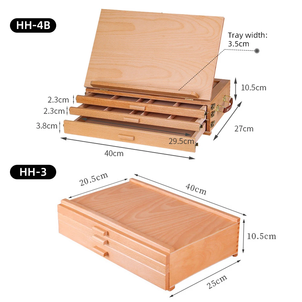 Panwenbo 3-drawer Wood Artist Supply Storage Box Portable Beechwood Multifunctional Pencil Brush Organizer Wood Box with Drawer
