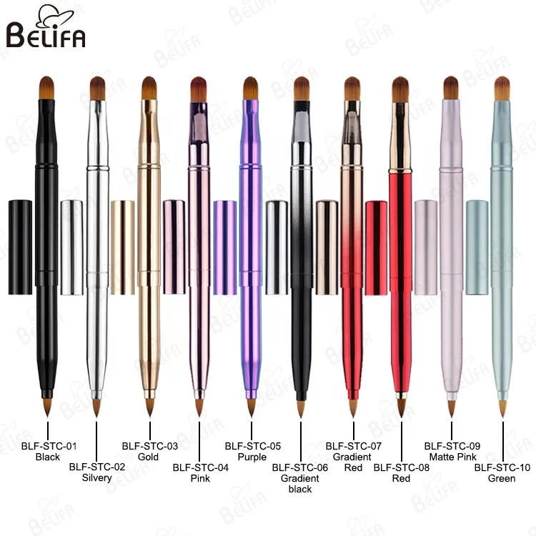 Custom Private Label vegan synthetic hair professional double side dual head lip gloss concealer retractable lip brush with cap