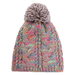 winter warm thick women beanie hat confetti flecked mix color yarn acrylic custom cable knit beanies with pom pom