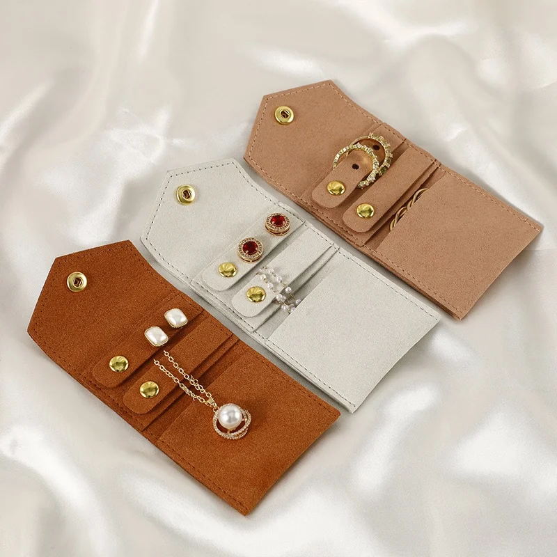 Custom Logo Brown Debossed Necklace Bracelet Jewelry Bag Envelope Microfiber Jewelry Pouch Jewelry Packaging