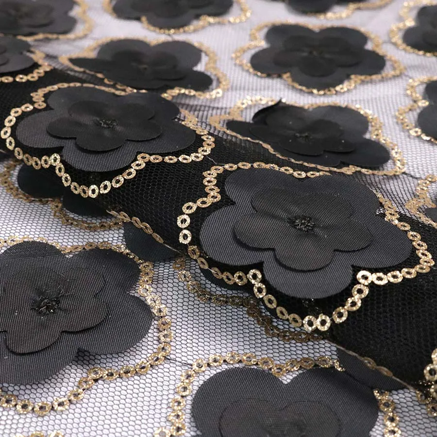Black Flower with Gold Sequins Fashionable 3D Cutting Laser Embroidery Lace Fabric for Party Wear Dresses