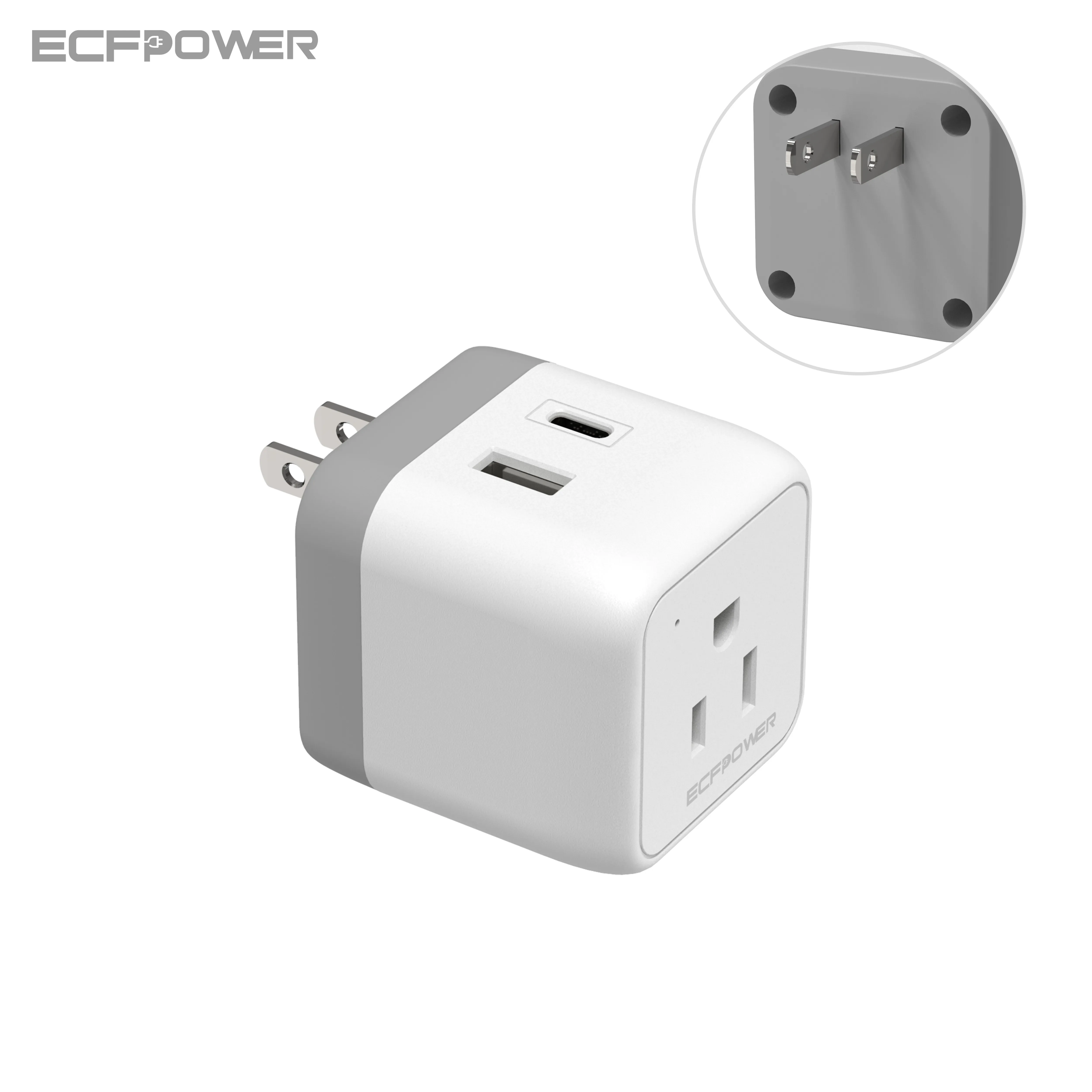 Power Travel Plug Adapter Cube Portable Socket 2 Side 3 Prong Adapter(1AC+USB & USB-C)