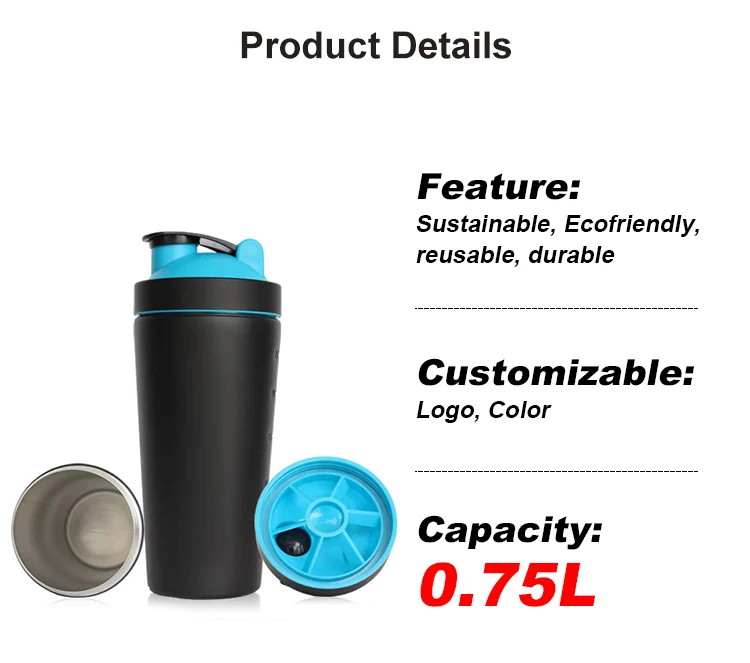 Wholesale 750ml Stainless Steel Custom Logo Gym Fitness Sports Protein Metal Shaker Bottle With Blender Mixer Ball