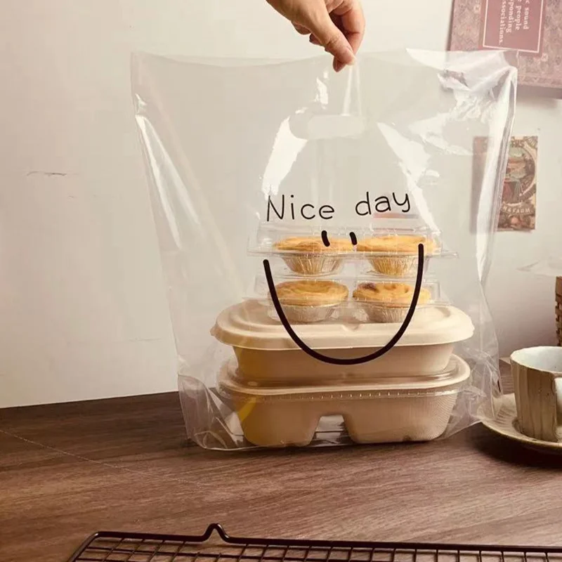 Customized Wholesale New Styles Bakery Dessert Cookies Cake Bread Candy Transparent Waterproof Handle Plastic Bags