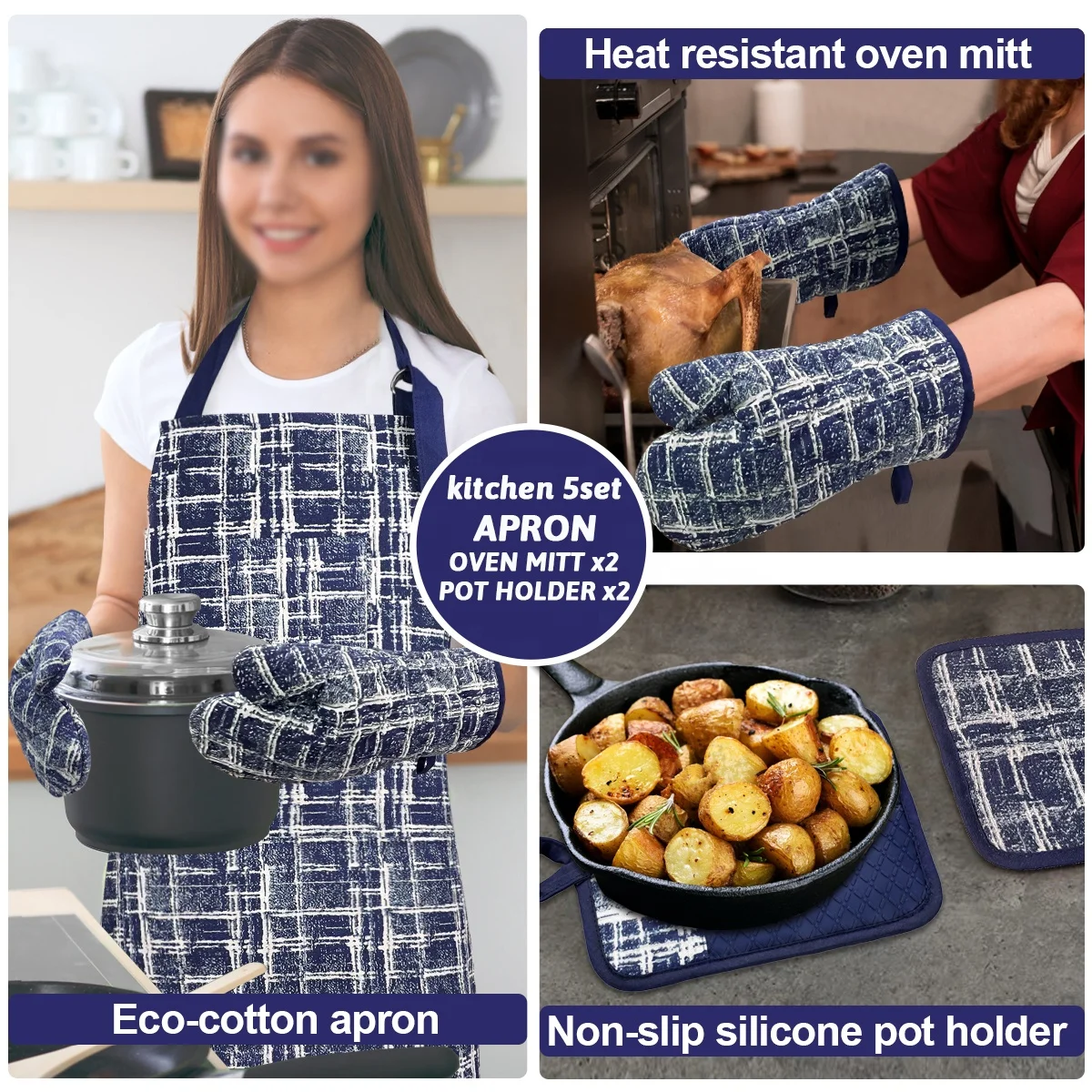 5 piece set Geometric  pattern  waterproof cotton apron cotton Anti scalding oven gloves silicone Checkered  pot holder set