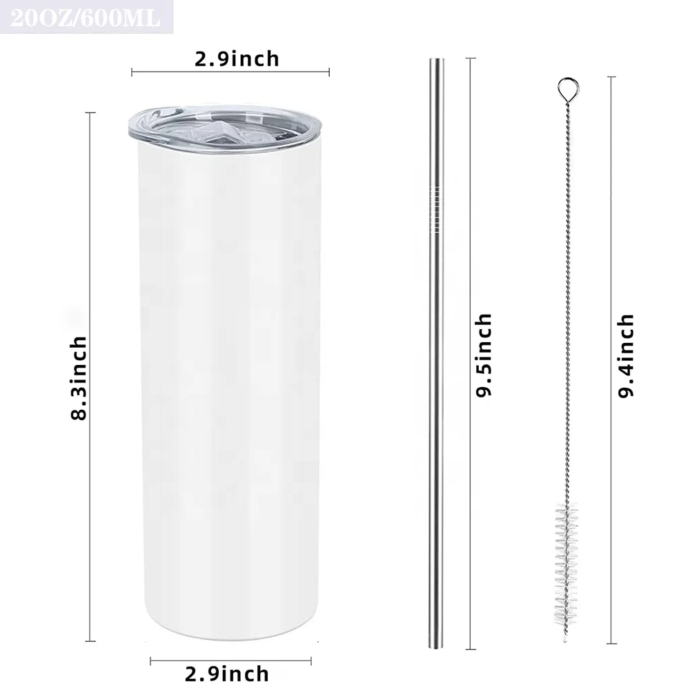 With Lid And Straw Sippy Cups Stainless Steel Double Wall Vacuum Insulated Straight 20 oz 20oz Blank Skinny Sublimation Tumbler