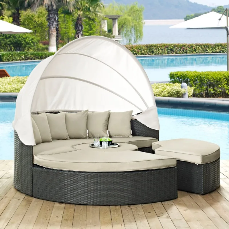 Hotel Poolside Furniture Rattan Wicker Daybed Villa Garden Furniture Leisure Sun Bed Sofa Bed