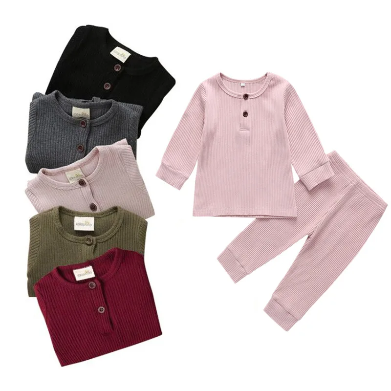 2 Pieces Kids Nightwear Unisex Solid Color Round Neck Long Sleeve Tops+ Long Pants for Spring Autumn 6 Months-2 Years