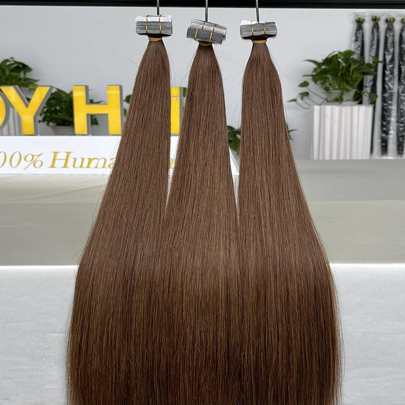 Tape in Raw Brazilian Hair Super Double Drawn Color #4 Chocolate Brown Bone Straight Extensions