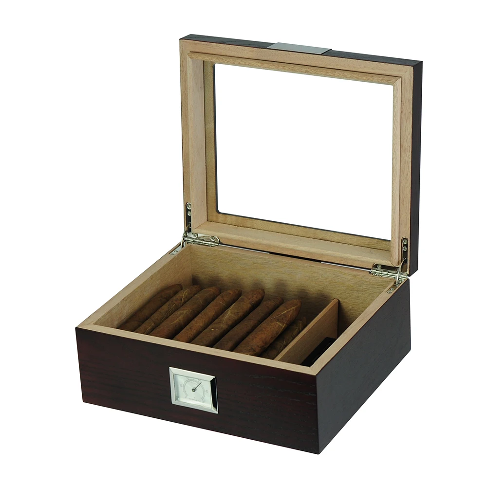 Handmade 25 CT Black Wooden Cigar Case Display Humidor With Top Clear Glass Window