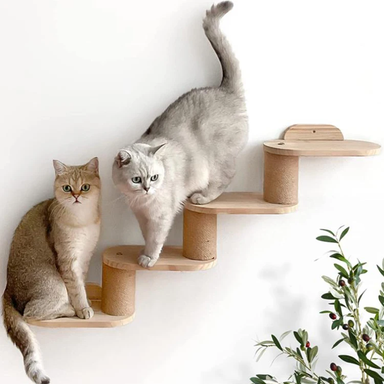 Wooden Cat Furniture Wall Steps Set Shelves With 4 Level Ladder For Indoor Sleeping Climbing