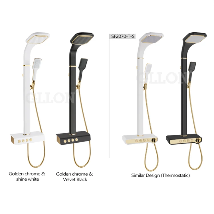 H59 Copper Aluminium Luxury Bathroom Waterfall Rainfall Black and Gold Shower Set Column Panel with Spain Sedal Valve Core