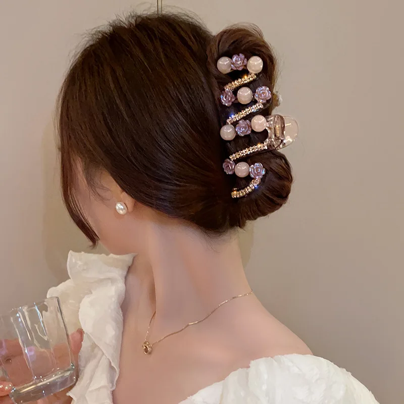 Light Luxury Flower Round Bead Rhinestone Grip Clip Korean Version Heart-shaped Diamond Hair Clip Headpiece for Women