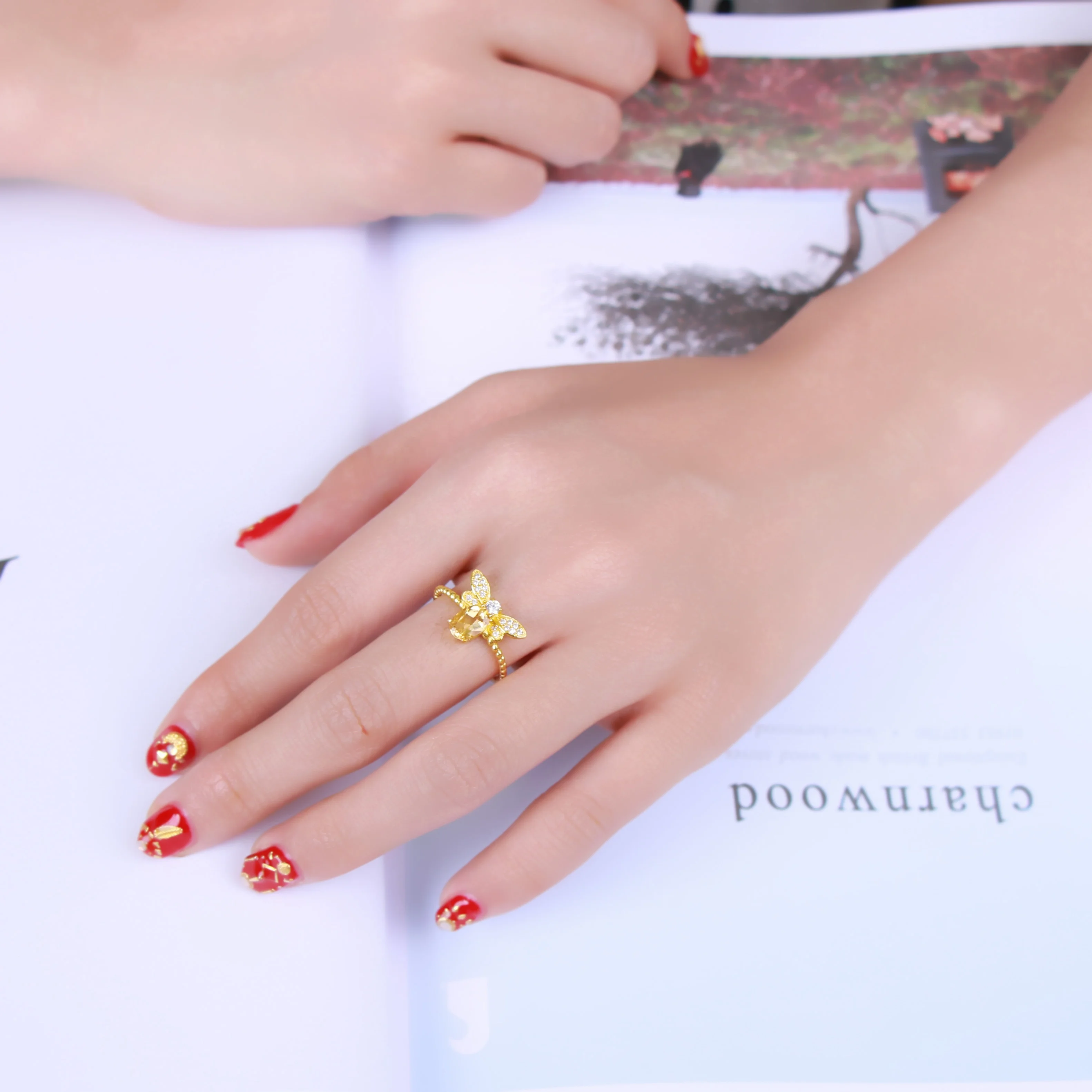 
Adjustable 14k Gold Plated 925 Sterling Silver Jewelry Bee Shape Citrine Ring For Women RI019 