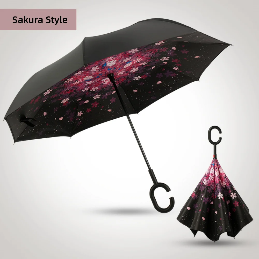 Wind Resistant Hands Free Inverse Inside Out C Handle Smart Reverse Upside-down Double Layer Inverted Umbrella