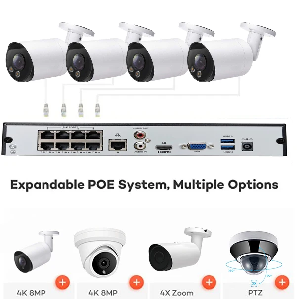 8-канальный h.265 nvr poe kit cctv 4 ip-камеры 5 Мп colorvu Наружная цилиндрическая система безопасности 8ch ai Обнаружение человека p2p
