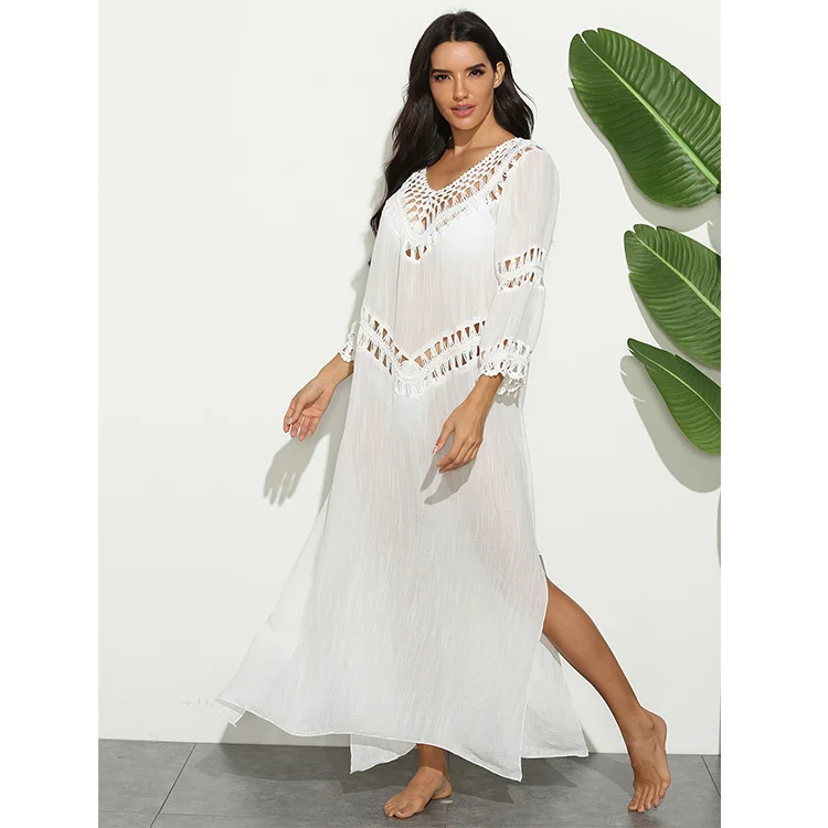 
V-neck Hollow out crochet cover ups sexy beach party white dress for women beach wear Thailand holiday 