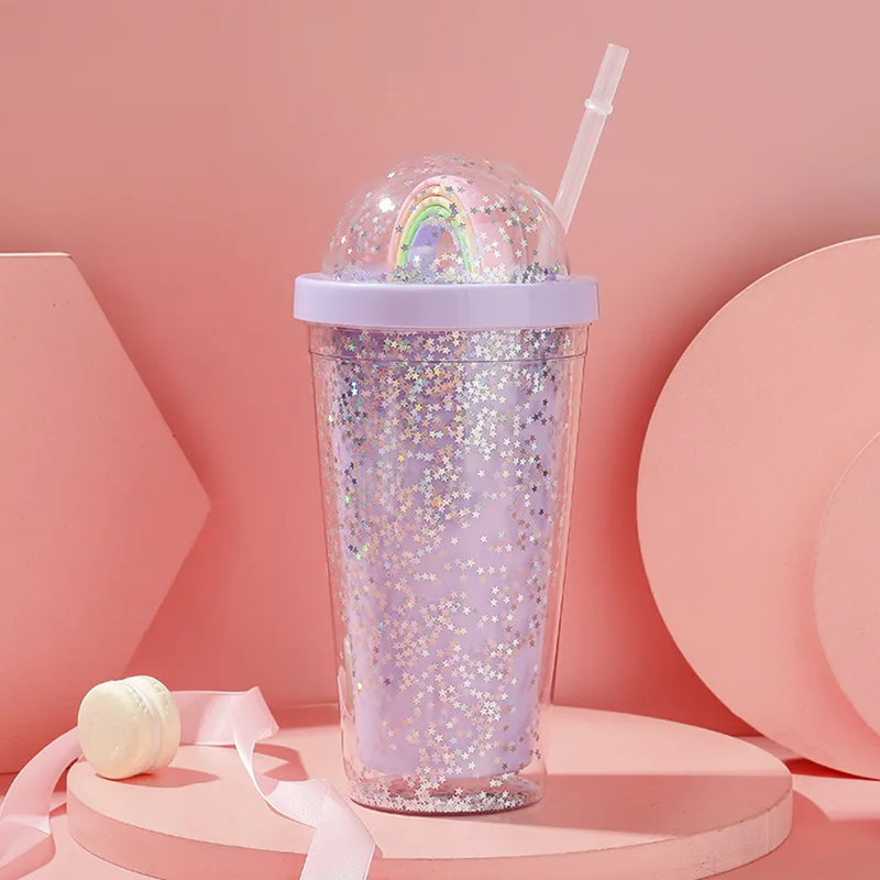 SHUMON Stars Glitter Shiny Clear Tumbler with Straw Bubble Milk Tea Drinking Plastic Cup Sample Available Bottles