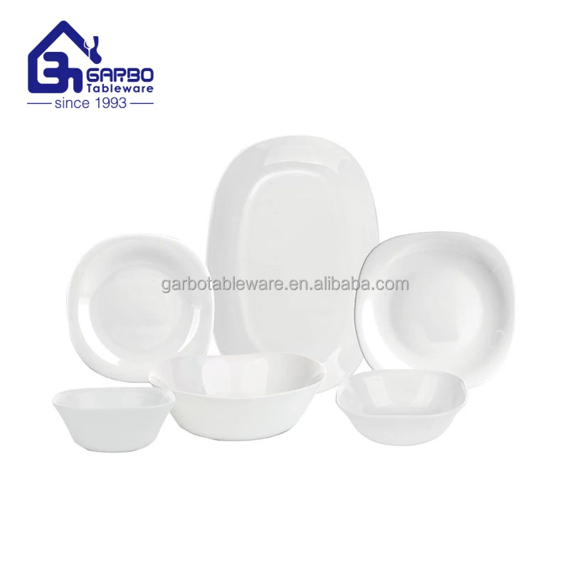 China factory wholesale opal glassware set 26 pieces home tableware opal dinner set with plates and bowls white opal glass sets