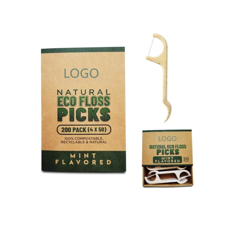Top rated mint flavor wheat straw bamboo charcoal  handle 100% biodegradable dental floss pick